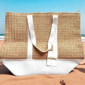 NWT Show Me Your Mumu Sunseeker Tote Bag Canvas Straw Slouchy White Beige Large